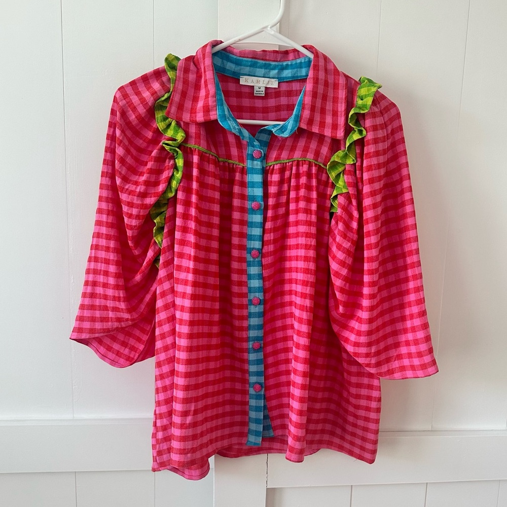 Karlie Pink and Green Button Down Shirt